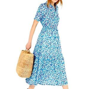 Vilagallo Eveline Midi Dress Blue Leopard Button Down Shirtdress Lined Size 46 (